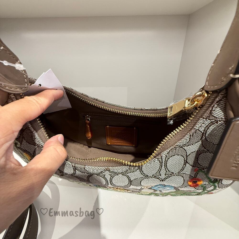 Coach Emily Shoulder Bag Signature Jacquard With Floral Embroidery CDX19 Oak Mul - Picture 6 of 15